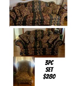 3 Pc Sofa Set, Couch Love Seat Chair & 8 Pillows, Burgundy Green & Gold