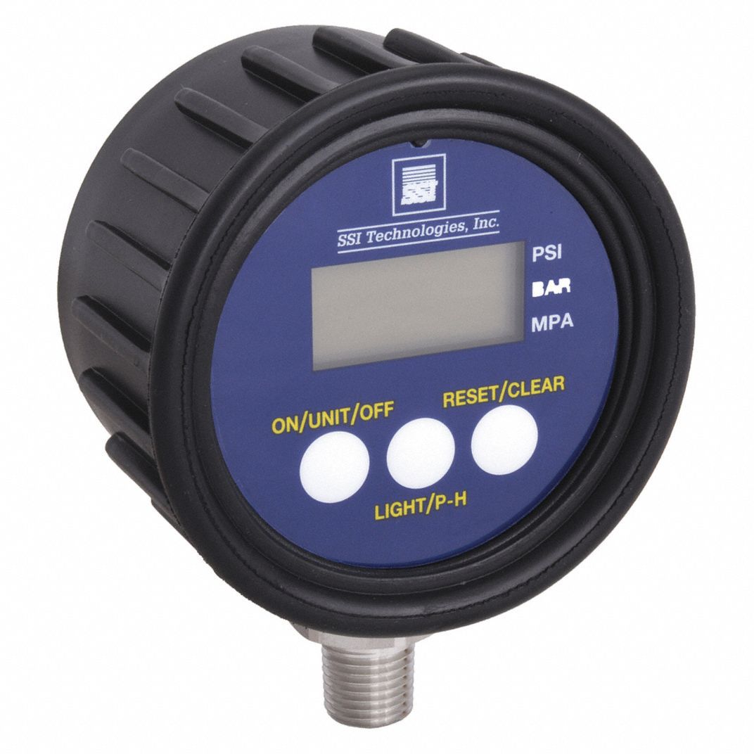 SSI Digital Pressure Gauge: 0 to 1,000 psi, For Liquids & Gases, 1/4 in NPT Male, Bottom, MG1