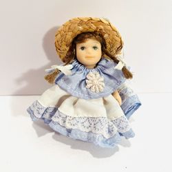 GANZ Mini Porcelain Doll W/Braids, Blue Dress & Hat 3” H Dollhouse Doll W/Tag!