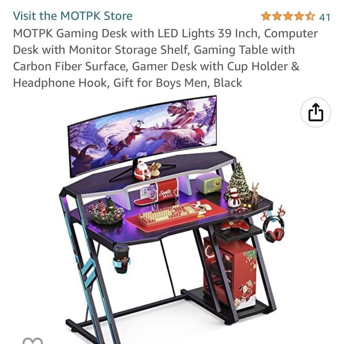MOTPK Gaming Desk with LED Lights 39 Inch, Computer Desk with Monitor  Storage Shelf, Gaming Table with Carbon Fiber Surface, Gamer Desk with Cup