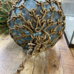 Vintage Japanese Glass Fishing Float – 14” Extra Large – Original Net, Red Cap & Marker Mast – Rare