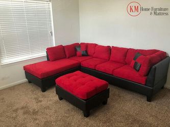 MODERN 2PCS SECTIONAL IN RED MICROFIBER AND BLACK LEATHER