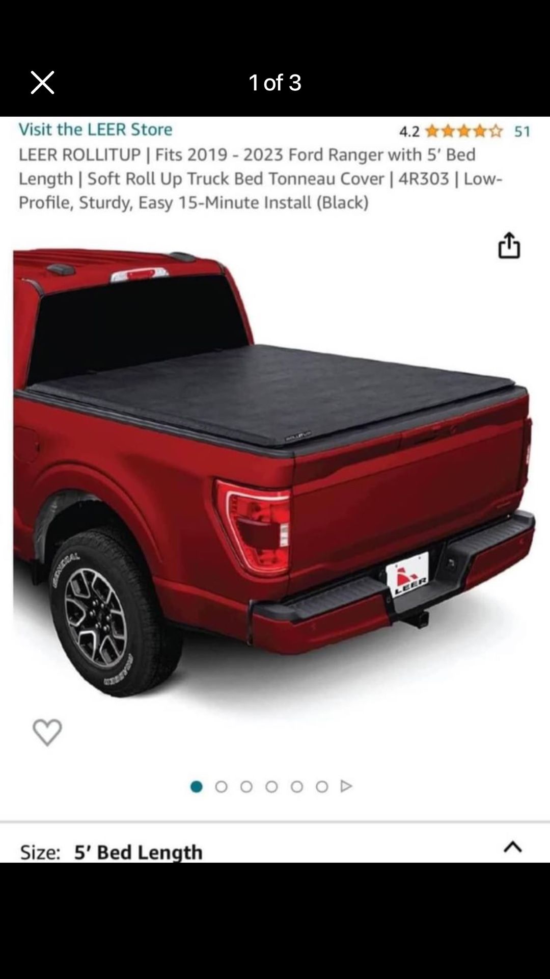 Leer 5 Ft Truck Bed Cover-2019-2023 Ford Ranger