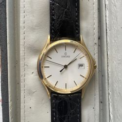 Concord 14K Gold Watch Leather Strap Stainless Steel Clasp