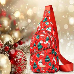 Christmas‑Themed Printed Quilted Sling Bag, Women Casual Crossbody Chest Bag, Lightweight Outdoor S