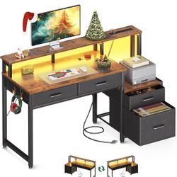 48-Inch Computer Desk with Fabric File Cabinet and Fabric Drawers, Reversible Office Desk 