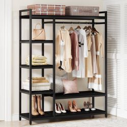 F1057-Freestanding Closet Organizer with 6 Shelves and Hanging Bar