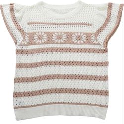 Khaki large size Women's Crochet Sweater Top Short Flutter Band Sleeve Round Neck Summer Casual Knit Vest Pullover