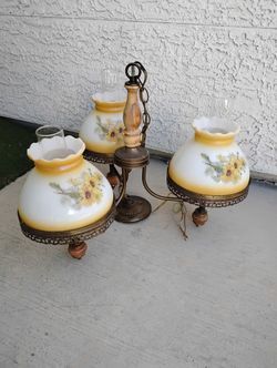 Vintage MCM 3 Light Chandelier Hurricane Lamp Shade Yellow Floral Milk Glass