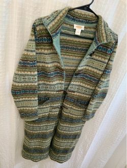 TALBOTS Womens Long Coat Green Nordic Fair Isle Sz Large Lambswool Toggle Close