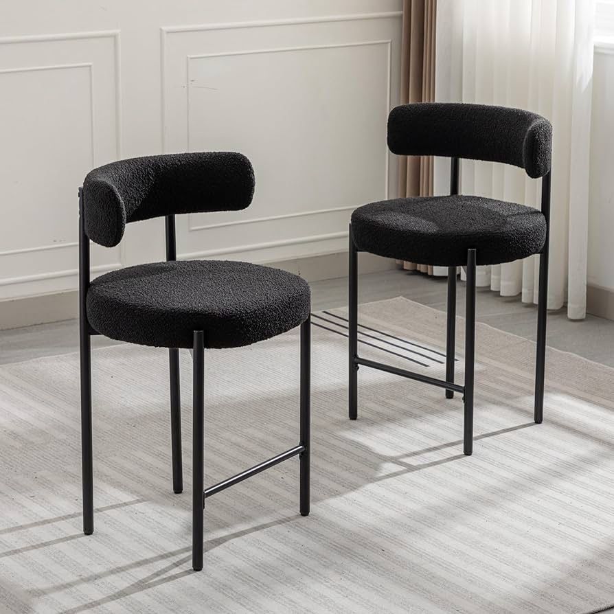 Counter Height Bar Stools, 24'' Black Bar Stools Set of 2, Boucle Counter Stools with Back, Mid-Century Modern Bar Stools for Kitchen Island, Dining R