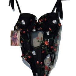 Fantasy Lingerie (XM) Tease Sheer Mesh Bodysuit Sz S/M Floral Sexy Romance NWT