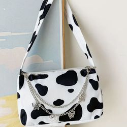 All Over Cow Pattern Baguette Bag, Trendy Zipper Shoulder Compact Hand Bag With Butterfly Decor Chain Strap