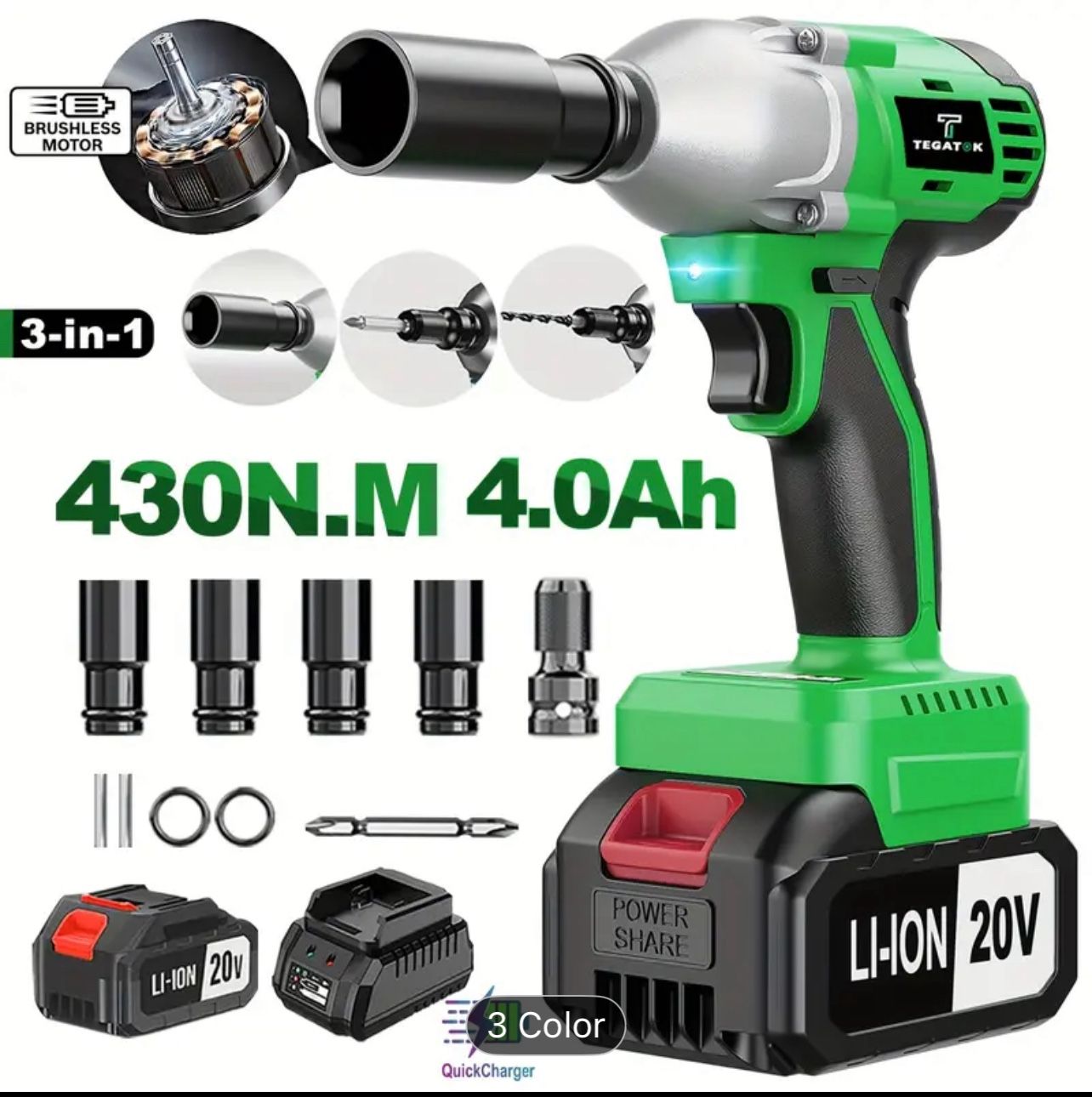 Cordless Impact Wrench, Power Impact Gun 1/2 430Nm, 3200RPM Brushless Impact Driver, with 4000mAh Batteries, Fast Charger, 4 Sockets, High Torque Elec