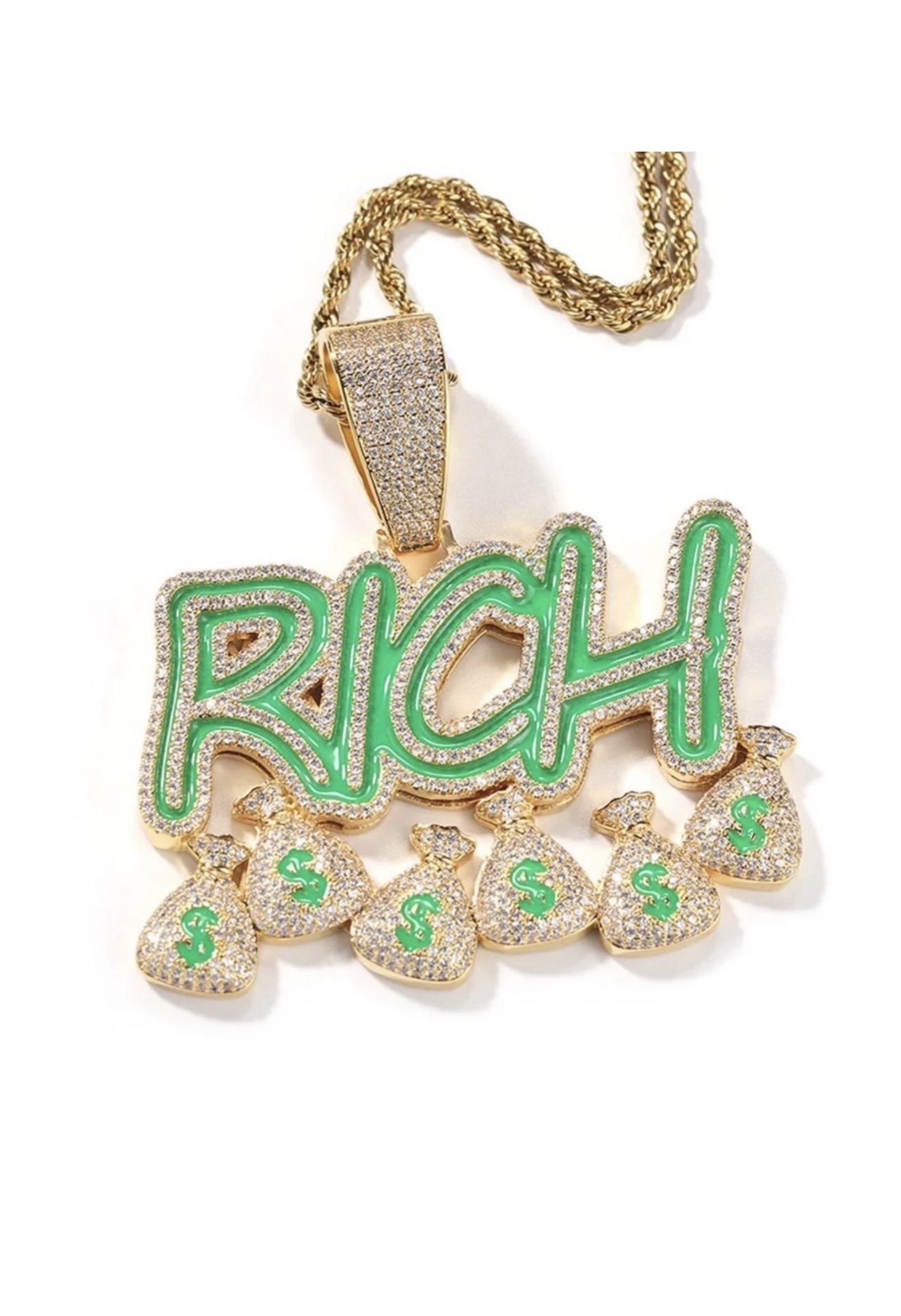✅CZ DIAMOND Gold Plated Glows In Dark RICH Money Bag $ Pendant and 24INCH Rope Chain