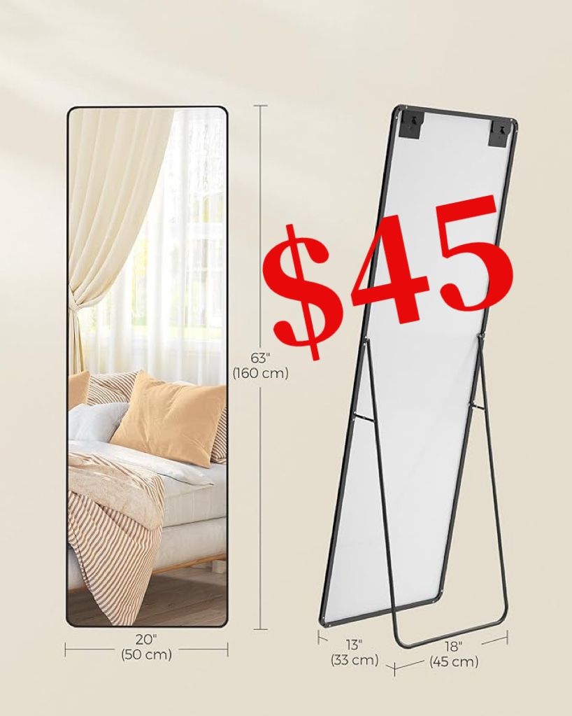 Full Length Mirror, 63’’ x 20’’, Rectangle Full Body Mirror with Stand, Aluminum Alloy Frame Floor Mirror, Tempered Glass