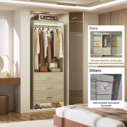 2FT Closet System with 3 Drawers, 24’’ Closet Organizer, White Oak Walk-in Closet or Small Closets Wardrobe, Clothes Rack with Hanging Rods  【Wood Clo