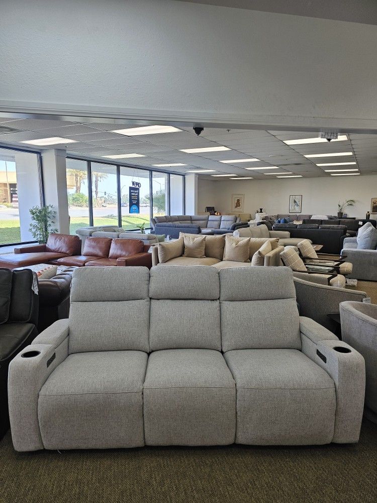 Fabric Sofa with Two Power Recliners-Greymel