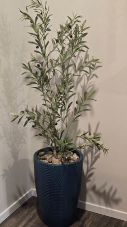 Faux Olive Tree in Teal Ribbed Planter