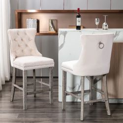Counter Height Bar Stools Set of 2, 27" Wingback Velvet Bar Stools with Button Back 