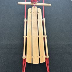 Wooden Snow Sled w/ Red Metal Runners 58” Winter Decor