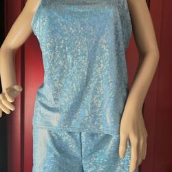 NWOT Sparkly Iridescent Baby Blue Tank Top Shorts Hot Pants Rave Set M 8 10 Jr L