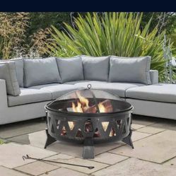 29.9 In. Outdoor Wood Burning Fire Pit Round Deep Bowl Fire Pit with Spark Screen Cover and Poker for Backyard Garden