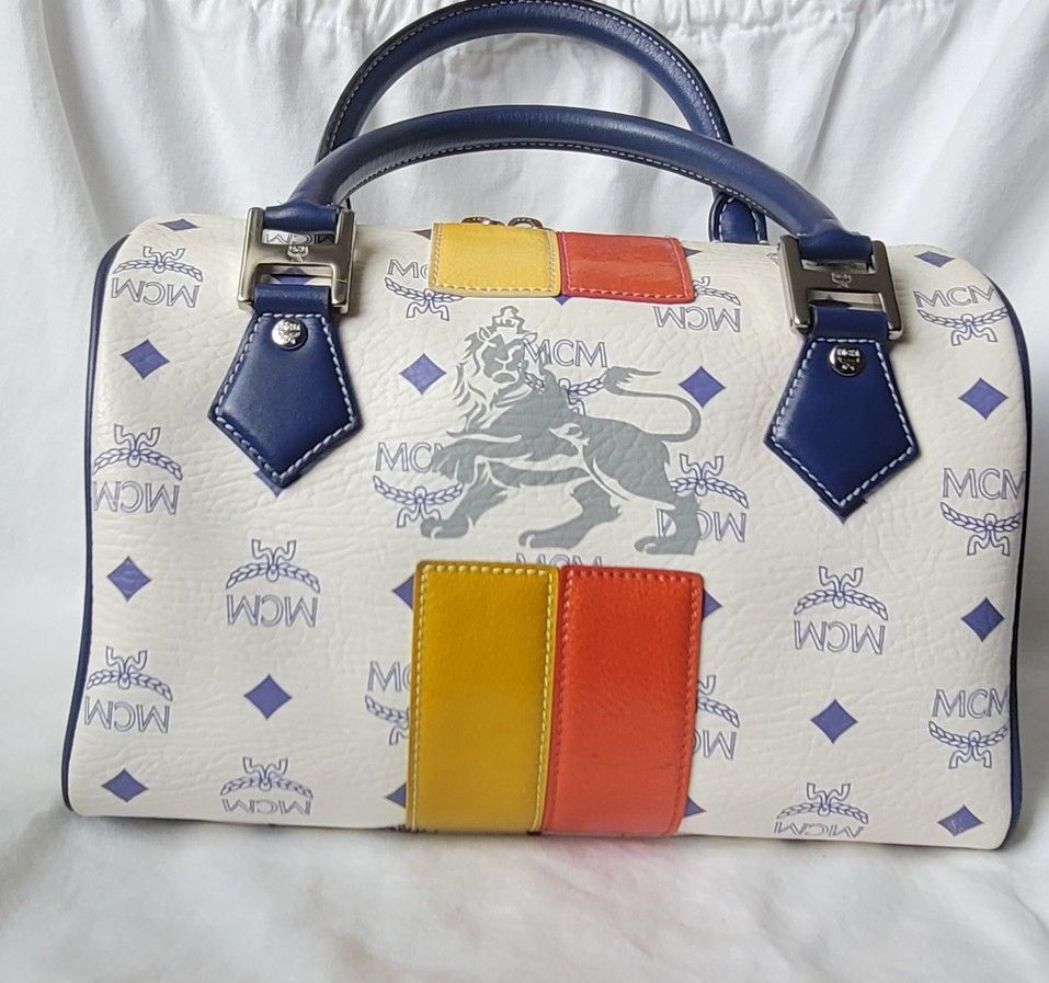 Blue & White LIMITED Edition MCM Visetos Princess Lion Boston size25cm Handbag