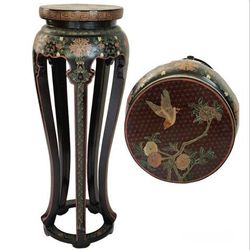 Chinese Lacquered Wood Inlaid Pedestal Display Stand 