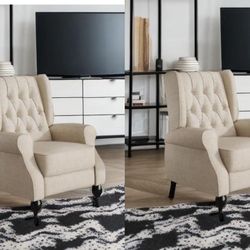 Set of 2 Wingback Recliner Chair for Living Room, High Back and Thick Armrest, Fabric Light Beige