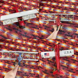 Vintage Decor Red White Tin Metal Bi-Plane Airplane USA Flag 20”