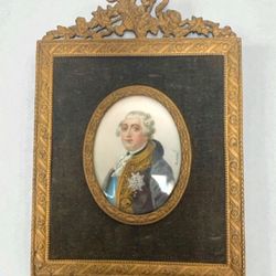 Exquisite Antique 19C Miniature Portrait Painting of King Louis XV of France in Ornate Frame, likely Gilt Bronze, with green velvet mat. Signed by art