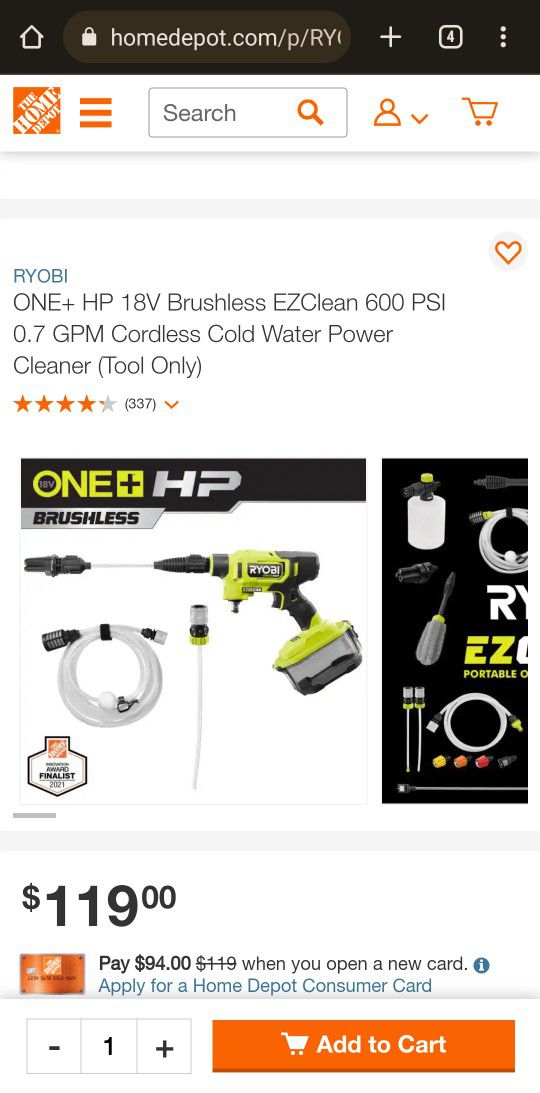RYOBI

ONE+ HP 18V Brushless EZClean 600 PSI 0.7 GPM Cordless Cold Water Power Cleaner (Tool Only)

