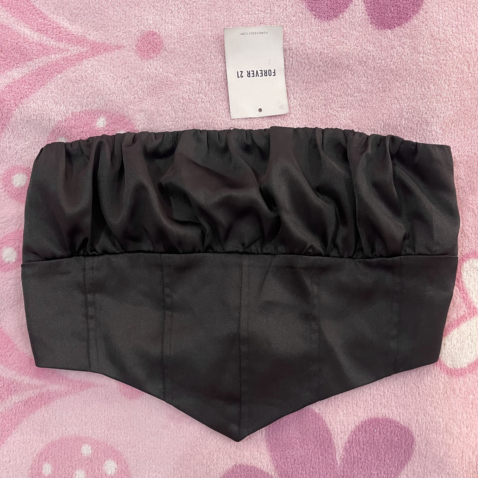 Black Satin Corset Top with Ruffle Detail - Size: S