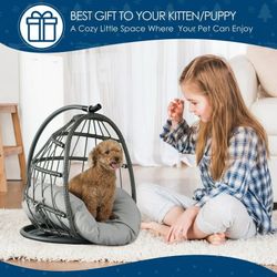 Cat Bed Pet Egg Chair Hanging Swing Bed Hand Made Rattan Hammock with Removable Soft Cushion Easy Cleaning Suitable Small Dog & Cats and Indoors & Out