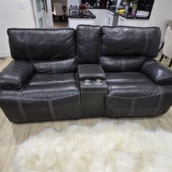 3 Power Console Sofa Loveseat in Gray Leather