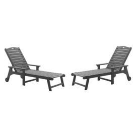 Set Of 2 Helen Dark Gray Recycled Plastic Ply Outdoor Reclining Chaise Lounge Chairs with Wheels for Poolside Patio