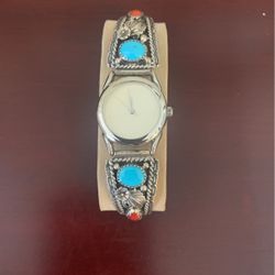 Ladies Silver Watch-flexible Band With Turquoise Stones