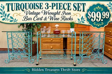 Turquoise Vintage Wrought Iron Bar Cart & Wine Rack Set – 3 Pieces – $99.99