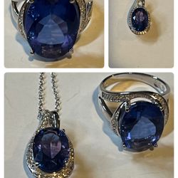 Oval Genuine Color Change Fluorite & White Zircon Infinity Ring 8 Pendant & Necklace  SS