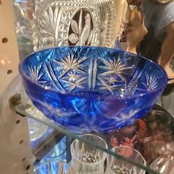 Vintage Cobalt Blue Cut To Clear Bohemian Glass Bowl, Czech Bohemian Art Glass