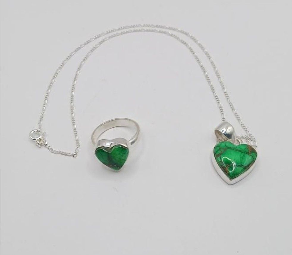 Green Turquoise Sterling Silver Necklace and Ring Set