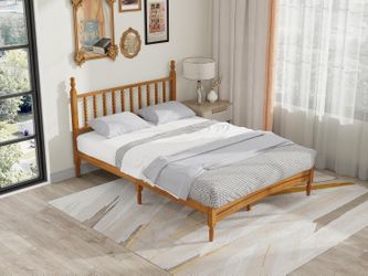Queen Wood Bed Frame with Headboard, Solid Rubber Wood Central Supports, 1000Lb Capacity, Rustic Oak