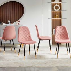 0778 Velvet Dining Chairs Kitchen Plain Color Chair Upholstered Side Stools with Backrest Metal Legs Set of 4, Pink
