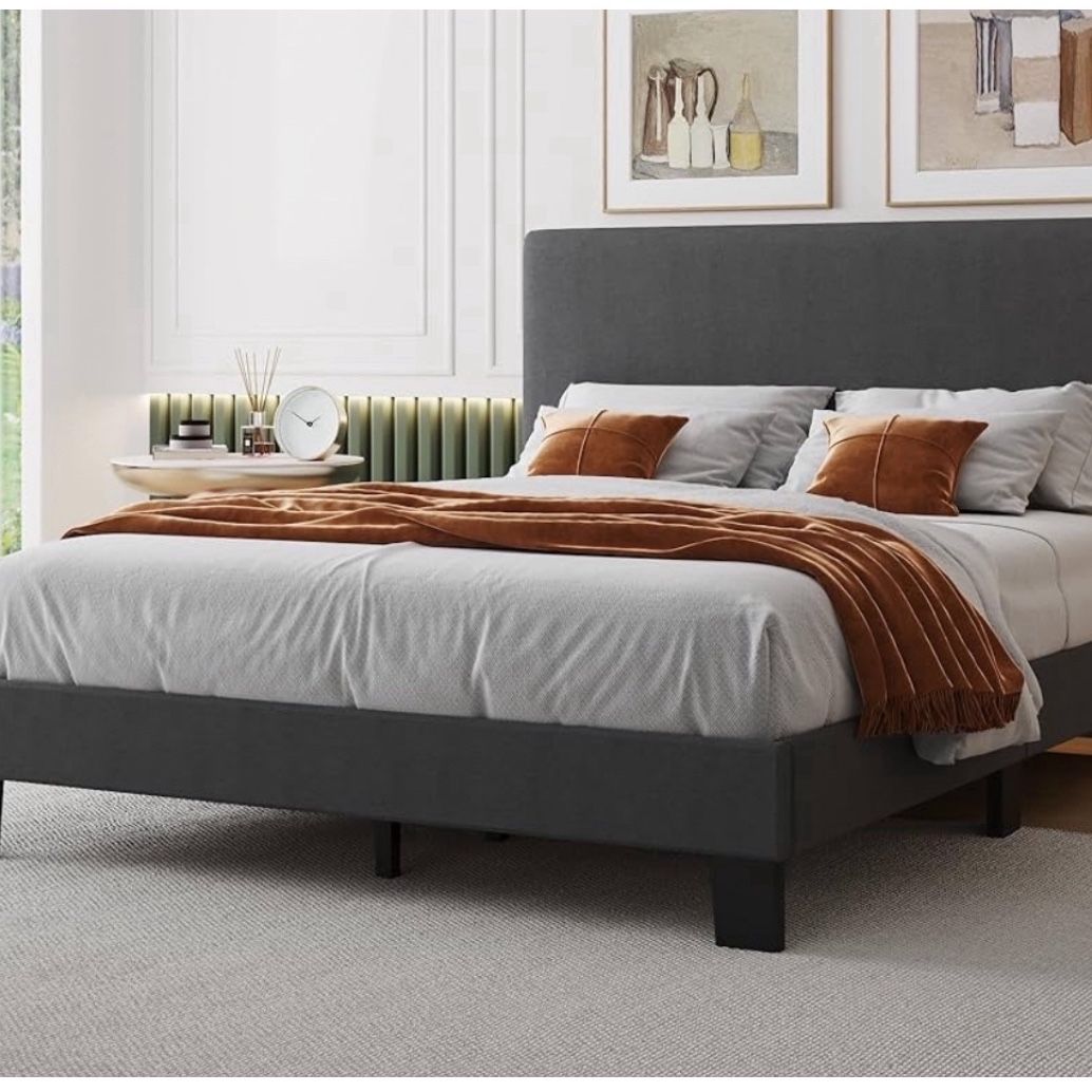 Introducing New Queen Bed Frame with Headboard, Linen Upholstered Bed Frame with Wood Slats Support.