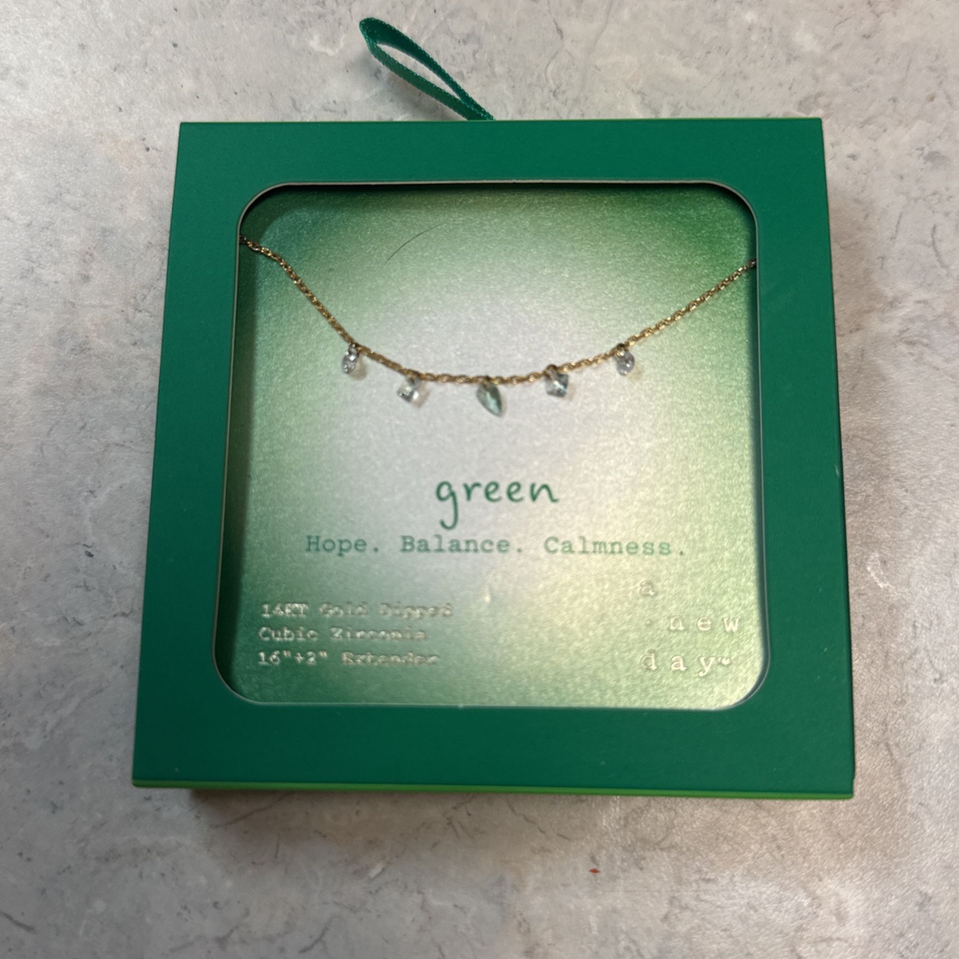 New In Package A New Day 14 KT Gold Dipped Cubic Zirconia Green Hope Balance Calmness Necklace 16 “ + 2 “ Extender