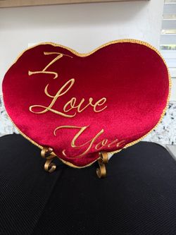 Beautiful Red Velvet W/Gold Embroidered Heart - I Love You Throw Pillow Plush