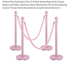 $85 Brand New 4 Pack Pink Stanchion Post, 5 ft Red Velvet Rope Pink Carpet Ropes and Poles, Stainless Steel Stanchions for Grand Opening Casino Theme 