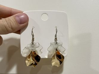 Multi petal flower frosted white and gold color drop dangle earrings