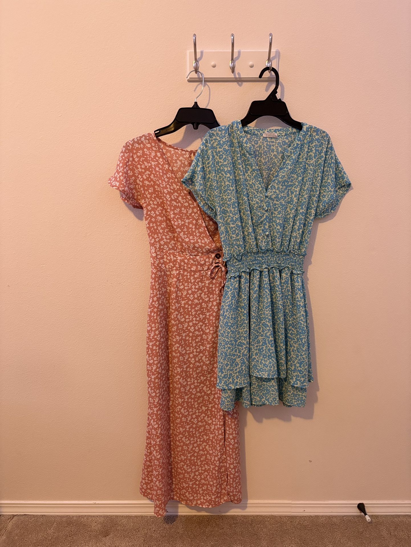Two Floaty Floral Dresses by Sienna Sky – Pink Long Dress & Light Green/Blue Short Dress, Both Dresses Are Size XS